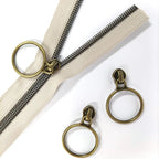 Leekayer #5 Antique Brass Metallic Nylon Coil Zippers by The Yard Bulk 10 Yards Beige Zipper Tape with 25pcs Antique Brass Ring Pull Sliders for DIY Sewing Tailor Craft Bag(Beige)