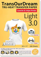 TransOurDream Tru-Heat Transfer Paper for Inkjet & Laserjet Printer (500 Sheets 8.5x11, 3.0) Printable HTV Heat Transfer Vinyl for T Shirts Iron on Transfers for Light Fabrics