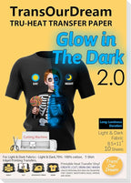 TransOurDream Luminous Heat Transfer Paper for T Shirts (10 Sheets, 8.5x11'', Glow 2.0) Printable Heat Transfer Vinyl for Inkjet Printer Iron on Transfers for Light & Dark Fabrics (TRANS-GD2-12)