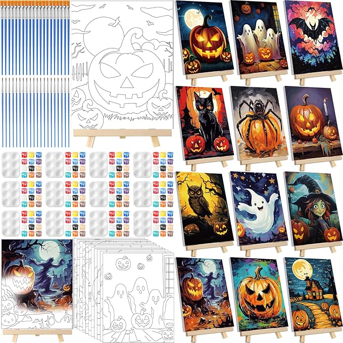 Zhanmai 12 Pack Pre Drawn Canvas for Painting Sip and Paint Kit 8" x 10" Paint Party Set Canvas Painting Pre Printed Canvases for Party Favor DIY Virtual Adult's Date Night(Halloween Pumpkin)