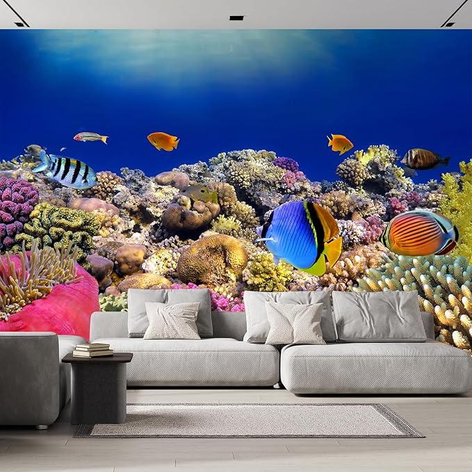 wall26 Wall Sticker/Wall Mural Tropical Blue Fish Coral Reef Ocean Seascape Nature Wilderness, Not Peel and Stick, Non-Woven Wallpaper Decorative for Bedroom, Living Room, Office - 108x144 inches