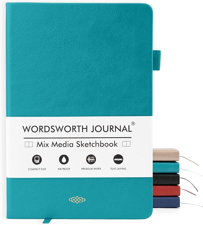 Wordsworth & Black A5 Mixed Media Journal 96 Mix Pages, Hardcover Leather, 190 GSM Paper, Journaling Notebook for Work & Sketching, Journals for Women, Men - Gifts Box Included Turquoise