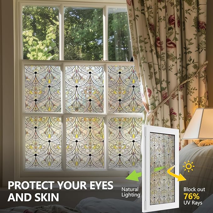 3D Stained Glass Window Film, Decorative Window Privacy Film for Bathroom,Front Door,Home, Sun Blocking Heat Control,Static Cling, Golden Ironwork 23.6inch x 70.8inch