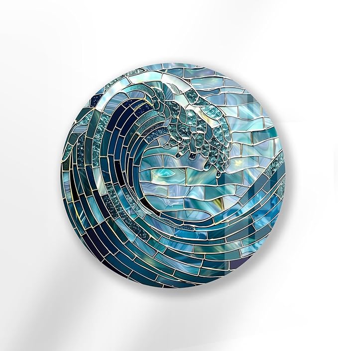 My Photostation.com 27.5''(70cm) Diameter Ocean Wave in Blue Mosaic Round Glass Wall Art Tempered Glass Printing Wall Decor Large Wall Art Wall Hangings