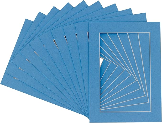 Pack of Ten Acid Free 8x10 Mats Bevel Cut for 5.5x8.5 Photos - Bay Blue Precut Matboards With Backing Boards and Self Seal Photo Mat Bags For Pictures, Photos, Framing - 4-ply Thickness