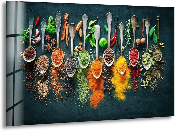 My Photostation.com 48Wx32H'' Spoon Spices Glass Wall ArtTempered Glass Printing Wall Decor Large Wall Art Wall Hangings