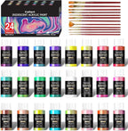 Caliart Iridescent Acrylic Paint with 12 Brushes, 24 Colors (59ml, 2oz) Art Craft Paints for Adults Artists Beginners Painters, Halloween Decorations Canvas Ceramic Wood Rock Painting Kit