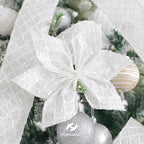 HUIHUANG White Glitter Wired Ribbon, 4 Inch x 30 Ft, Geometric Pattern, Polyester Material, Christmas Occasion