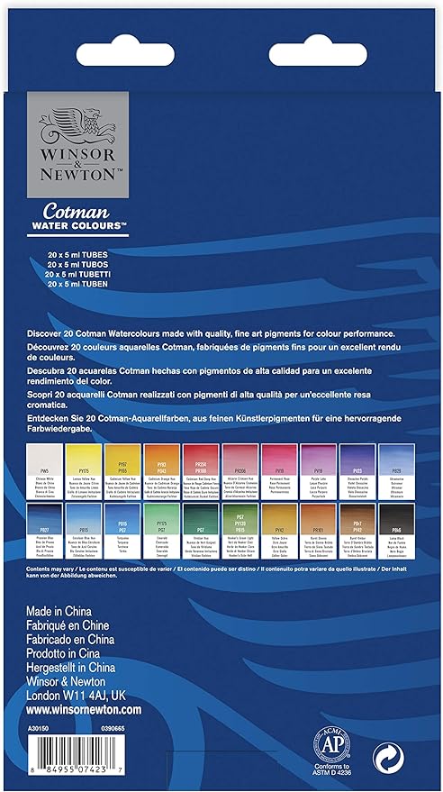 Winsor & Newton Cotman Watercolor Paint Set, 20 Colors, 5ml (0.17-oz) Tubes