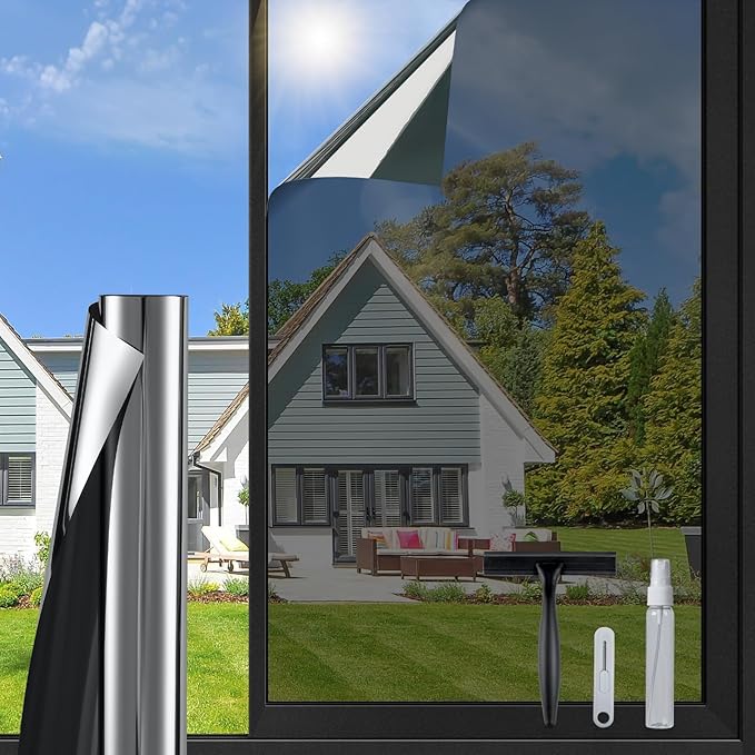 DOWELL One Way Window Privacy Film with 3 Tools Window Tint for Home Sun Blocking Heat Control Anti UV Reflective Mirror Covering See Out Not in for House and Office Black Silver 35.4" X 78.7"