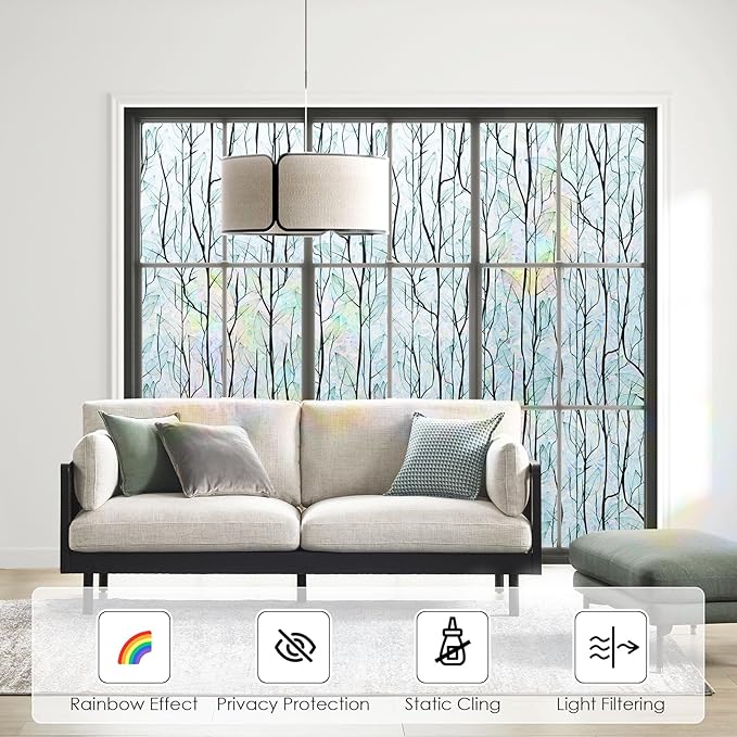 DKTIE Nature Pattern Rainbow Window Film Decorative Stained Glass Window Film Static Cling Films Easy Apply Removable Comes with Tools (U1747-rainbow, 17.7" x 118.1")