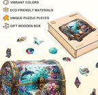 Wooden Puzzles for Adults, Treasure Chest Ocean Wooden Jigsaw Puzzle Unique Shape Animal Wood Puzzles Adult 3D Visual Effect, Birthday Gifts for Puzzle Lovers Family Games (S-8.5 * 8.1in-100pcs)