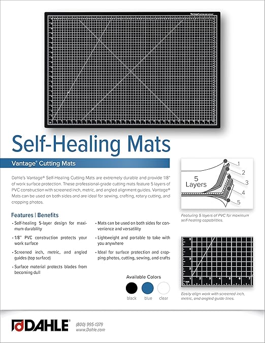 Dahle Vantage 10693 Premium Self-Healing Cutting Mat, 24"x36", 1/2" Grid, 5 Layers for Max Healing, Perfect for Crafts & Sewing, Blue