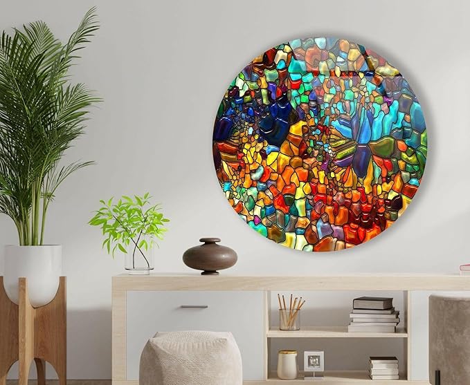 My Photostation.com 39,4''(100cm) Diameter Red Mosaic Round Glass Wall Art Tempered Glass Printing Wall Decor Large Wall Art Wall Hangings