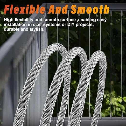 Stainless Steel Cable for Railing - 100FT 1/4" T316 Wire Rope with Clamps and Thimbles - 7 x 19 Strands 6700 LBS Breaking Strength for Outdoor Deck Railing Zipline
