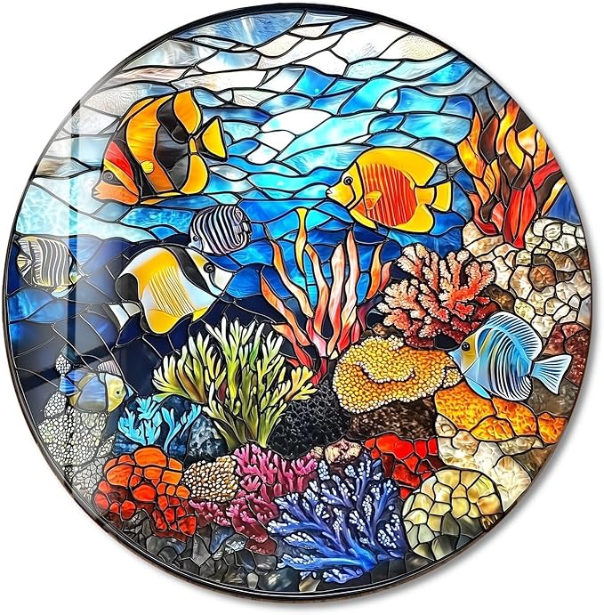 My Photostation.com 24''(60cm) Diameter Coral Reef Mosaic Round Glass Wall Art Tempered Glass Printing Wall Decor Large Wall Art Wall Hangings