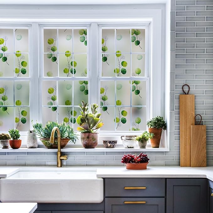 DKTIE Eucalyptus Leaves Stained Glass Window Film with Installation Tools, INS Style Window Privacy Film Decorative, Nordic Style for Home Decor (S541, 35.4'' x 118.1'')