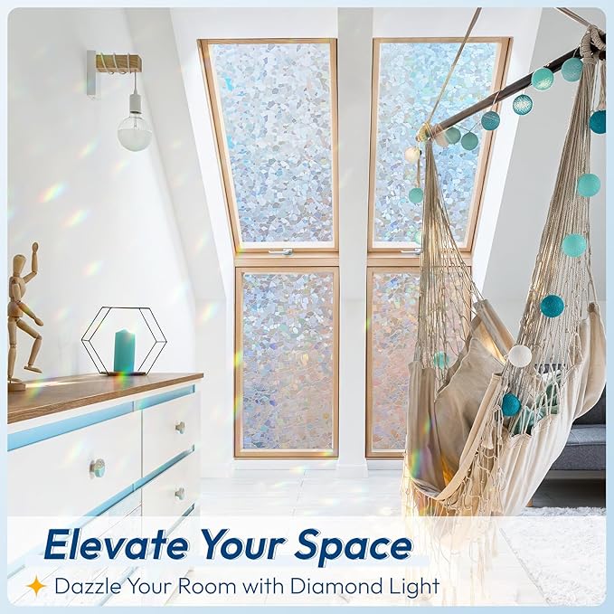 rabbitgoo Rainbow Window Privacy Film Decorative Stained Glass Diamond Pattern Window Sticker with Iridescent Tint Non-Adhesive Static Cling for Home Office Crystal Pattern, 35.4 x 118.1 inch