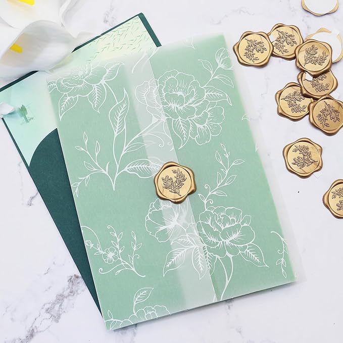 SWANGSA 100 Sets Wedding Invitations Wraps, Vellum Jackets for 5x7 Invitations & Self Adhesive Antique Gold Eucalyptus Wax Seal Stickers for Wedding Bridal Baby Shower Birthday Envelopes (White Rose)