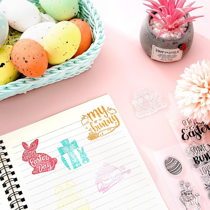 Whaline 5 Sheet Easter Clear Stamps Bunny Rabbit Egg Gnome Words Silicone Transparent Stamps Border Rubber Stamp Cards for DIY Crafts Card Making Scrapbooking Album Supplies