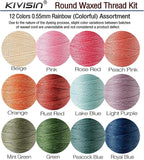 0.55mm Bonded Round Waxed Polyester Thread 76 Yards Each, 12 Rainbow Color Wax Coated String Thin Cord for Micro Macrame, Bracelets Braided, Leather Sewing, Stitching, Beading and Bookbinding