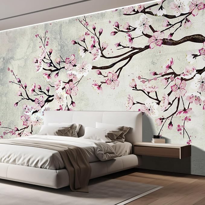 wall26 Wall Sticker/Wall Mural Watercolor Style Ink Painting Pink Cherry Blossom on Vintage, Not Peel and Stick, Non-Woven Wallpaper Decorative for Bedroom, Living Room, Office - 108x144 inches