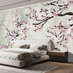 wall26 Wall Sticker/Wall Mural Watercolor Style Ink Painting Pink Cherry Blossom on Vintage, Not Peel and Stick, Non-Woven Wallpaper Decorative for Bedroom, Living Room, Office - 120x120 inches