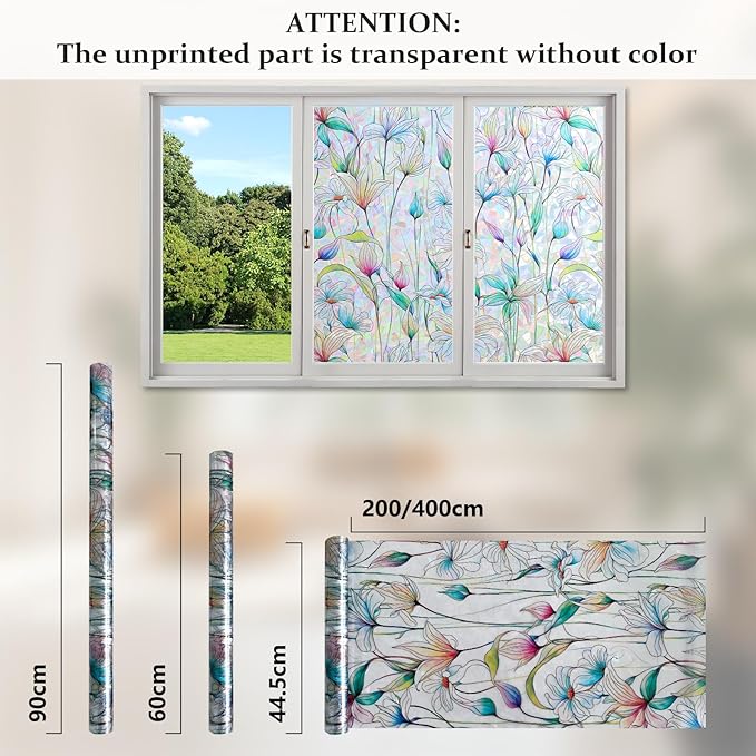 Donox Decorative Window Privacy Film, 3D Floral Stained Glass Window Film Static Cling Rainbow Privacy Sticker for Glass Door Heat Control Anti UV, No Adhesive (Magnolia,35.4 x 157.4 inches)