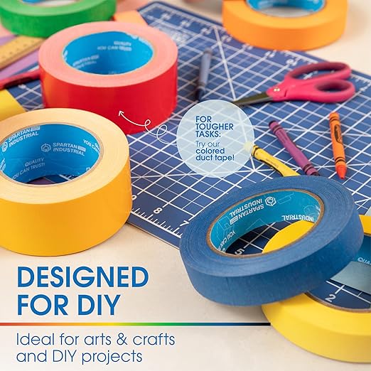 Spartan Industrial - 1" X 60 yd Blue Masking Tape - 3 Color Tape Rolls for Arts and Crafts, Painting, and More - No Residue, 5.5 Mil