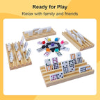 Double 12 Mexican Train Dominoes Set for Adults with 8PCS Wooden Holders, 9 Train Markers, 91 Color Dot Tile Dominos in Tin Box & Hub - Classic Family Board Game Set Party Toy Gift for Kids