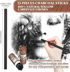 Gueevin 25 Pcs Willow Charcoal Sticks, Willow Charcoal, Artists, Beginners, Students, Perfect for Sketching, Drawing, Shading, and Fine Art Christmas Gifts for Art (7-9mm)