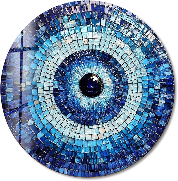 My Photostation.com 24''(60cm) Diameter Blue Mosaic Evil Eye Round Glass Wall Art Tempered Glass Printing Wall Decor Large Wall Art Wall Hangings