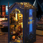 ISSEVE DIY Book Nook Miniature Kits for Adults, 3D Wooden Puzzle Dollhouse Miniature House Kit for Booknook Shelf Insert Decor, Creative Assembled Bookends Bookshelf with Sensor Light (Magic Market)