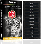 Compressed Charcoal Sticks Set of 12 – Soft, Medium, Hard Charcoal for Drawing, Sketching & Shading – Art Supplies for Artists, Beginners & Adults