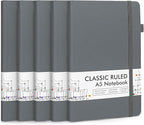 feela 5 Pack Journal Notebook Bulk for School, Hardcover Business Notebooks Classic Ruled Lined Journals with Pen Holder for Work Note Taking, with 5 Black Pens, 120 GSM, 5.1”x8.3”, A5, Gray
