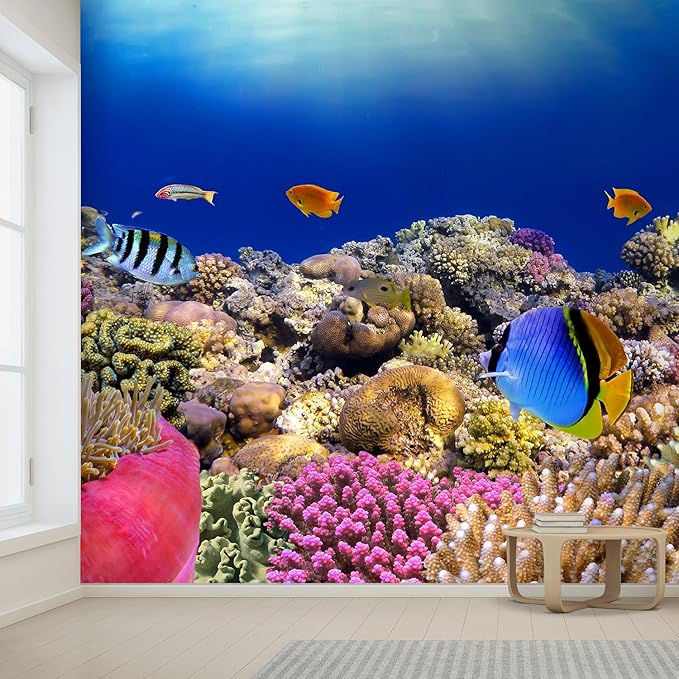 wall26 Removable Wall Sticker/Wall Mural Tropical Blue Fish Coral Reef Ocean Seascape Nature Wilderness Photography Nautical Landscape Decorative for Living Room, Bedroom, Office - 96x120 inches