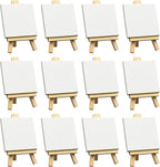 FIXSMITH 3x3 Inch Mini Stretched Canvas Easel Set- Bulk Pack of 12,Small Stretched White Blank Canvas Panels & Wood Easels for Painting Craft Drawing Decoration Gift Art Project DIY, Art Supplies