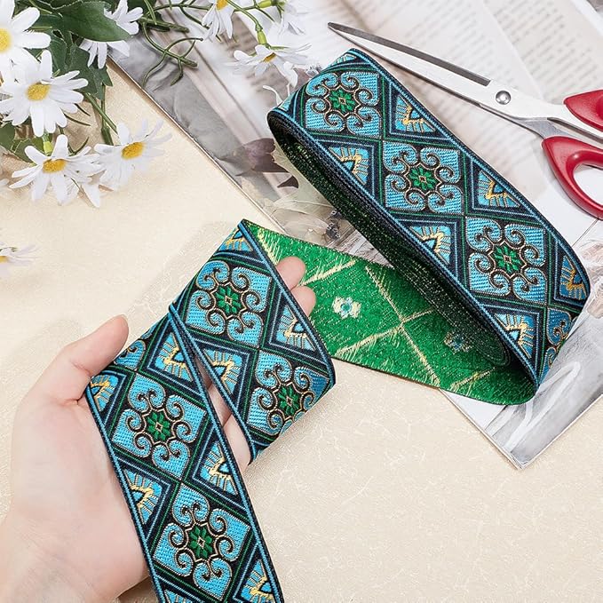 PH PandaHall 7 Yards Jacquard Ribbon Trim 2 Inch Boho Embroidered Woven Lace Ribbon Fabric Vintage Flowers Straps Fabric Bias Tape for Bohemian Persian Clothes Bag Holiday Christmas Decor Gift Wrap