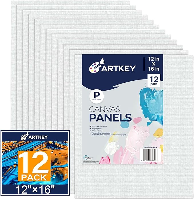 Canvas Panels 12x16 Inch 12-Pack, 10 oz Primed 100% Cotton Canvases for Painting, White Blank Flat Canvas Board for Oil Acrylics Watercolor Tempera Paints