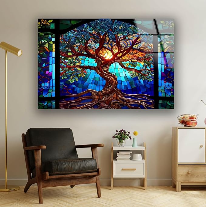 My Photostation.com 48Wx32H'' Stained Blue Life of Tree Glass Wall ArtTempered Glass Printing Wall Decor Large Wall Art Wall Hangings