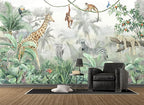 Kids Wallpaper Tropical Leves and Safari Animals Wall Mural for Wall Bedroom Living Room TV Background Sofa Wall（Not Peel and Stick）