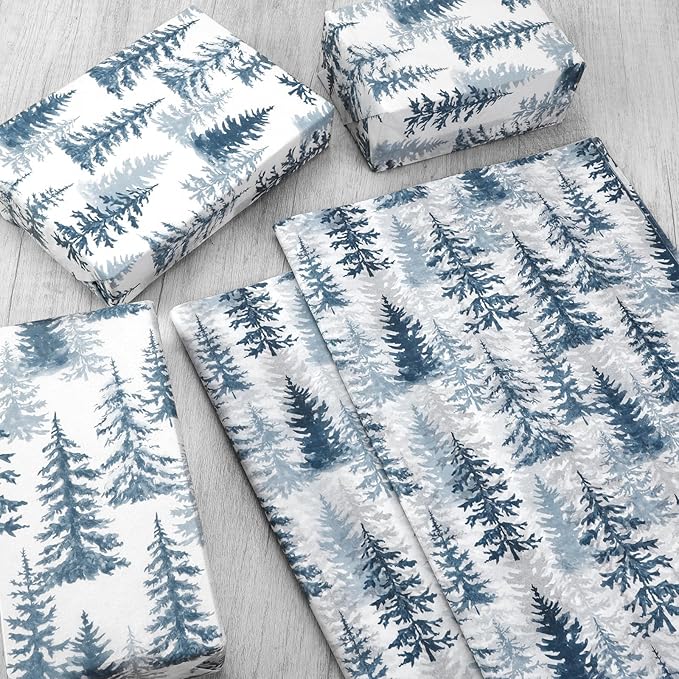100 Sheets Christmas Tree Tissue Paper, 20x14in Forest Style Wrapping Tissue Watercolor Xmas Tree Art Tissue for Xmas Party Gift Bag Fillers Winter Party Decor (Blue)