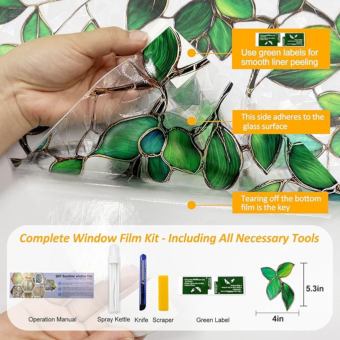 Window Privacy Film Stain Glass Window Film Rainbow Window Film Window clings Non-Adhesive Reusable Decorative for Room (Green Rainbow, 45.2 X 78.7 in)