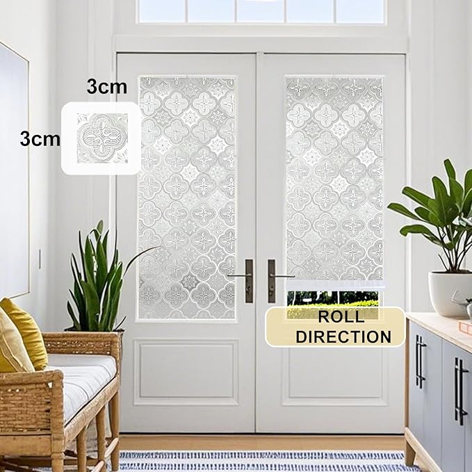 Window Privacy Film Decorative for Front Door, Bathroom Static Cling Stained Glass Sticker Opaque Heat Control UV Blocking Non-Adhesive for Home Windows 17.5 X 118.1 inches