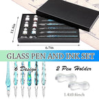Zonon Glass Dipped Pen Ink Set 14 Pcs Include 6 Pcs Glass Dip Pen, 6 Colorful India Ink and 2 Holder Crystal Signature Calligraphy for Art, Writing, Signatures, Gift(Blue Color System)