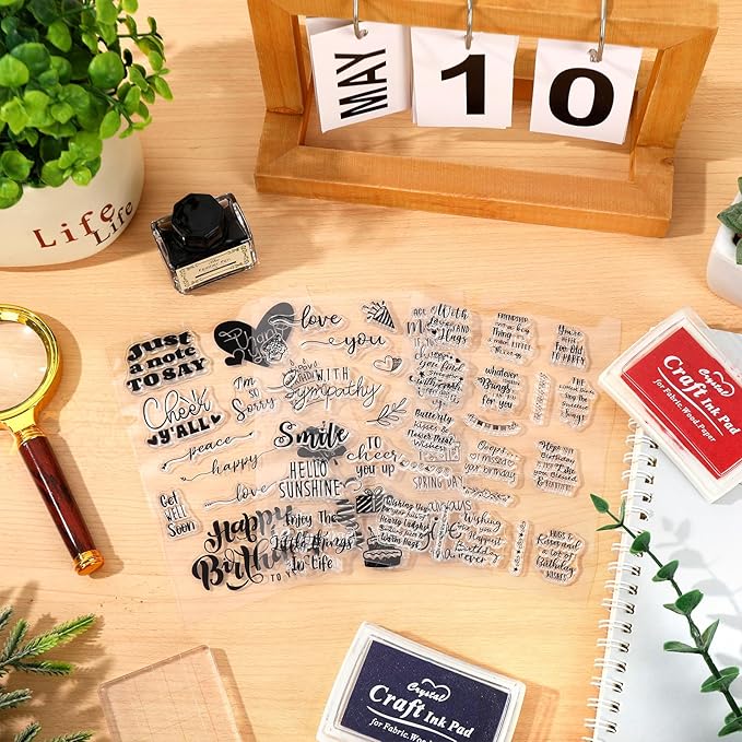 Whaline 4 Sheets Sentiment Words Clear Stamps Greeting Words Happy Birthday Silicone Transparent Stamps for DIY Craft Card Making Scrapbooking Embossing Album Decor