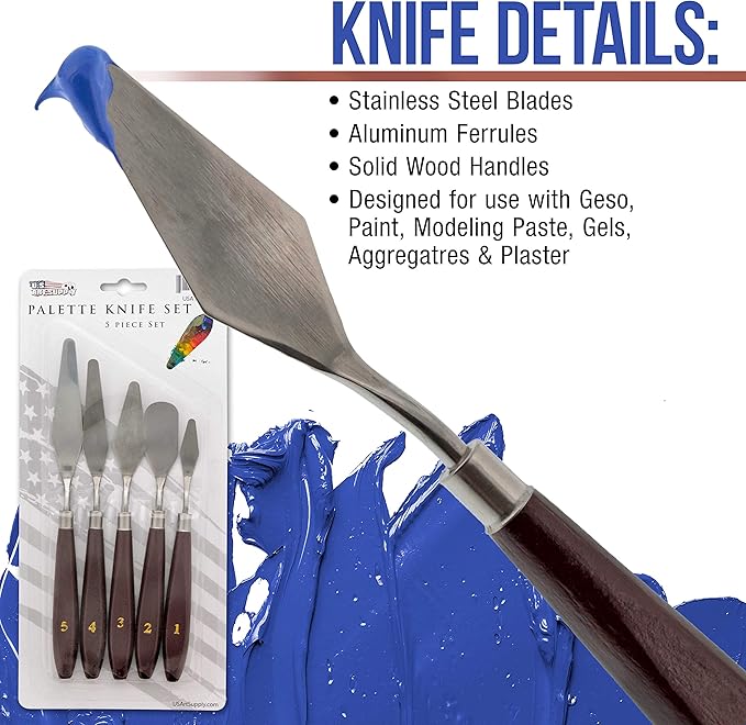 U.S. Art Supply 5-Piece Stainless Steel Palette Knife Set for Acrylic Painting - Paint Spatula Tools for Oil, Canvas Art - Painting Knives for Mixing, Texturing - Pallet Knives for Art & Cake