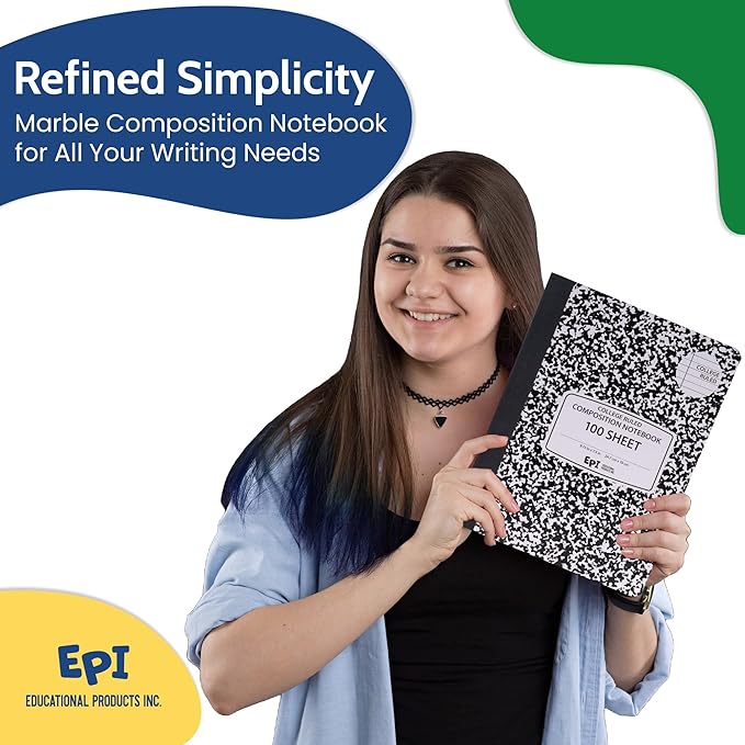 EPI Marble Hardcover College Ruled Composition Notebook | 200 Pages (100 Sheets), 9.75 x 7.5 in, Sturdy Sewn Binding | School, Office, Journaling, Notes - 4 Pack