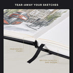 Beechmore Books A5 Sketch Book – 5.8"x8.3" Premium Vegan Leather Hardcover Sketchbook, 96 Thick 300gsm Perforated Ivory Pages, Ideal for Sketching, Watercolor & Mixed Media, Includes Back Pocket