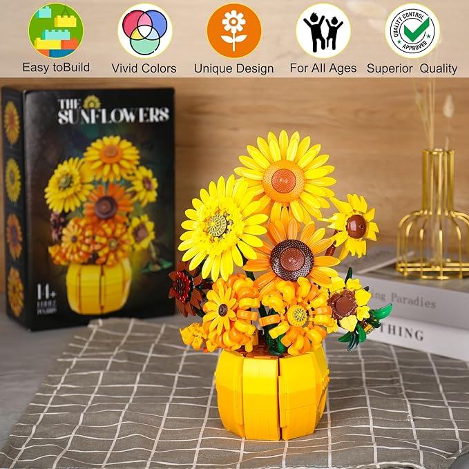 Sunflower Building Blocks Set for Adults, Van Gogh Art Botanical Collection, Sunflower Pot Kits Compatible with Lego Flowers, Gifts for Mother's Day Christmas Birthday (1009PCS)